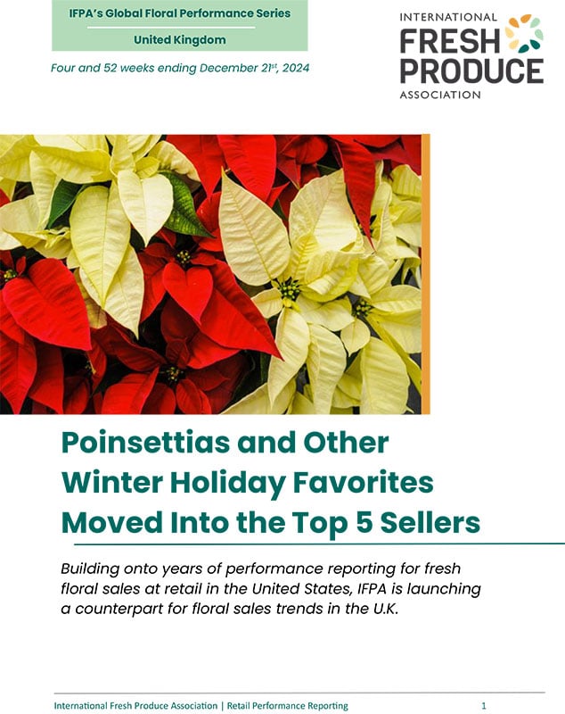 Graphic promoting IFPA's floral performance report featuring poinsettias and market details.