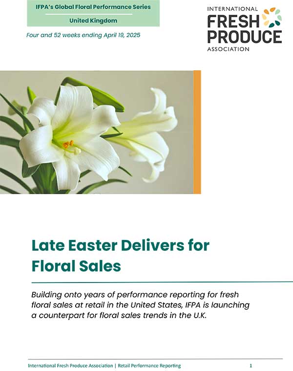 Report cover with white lilies and the International Fresh Produce Association logo.
