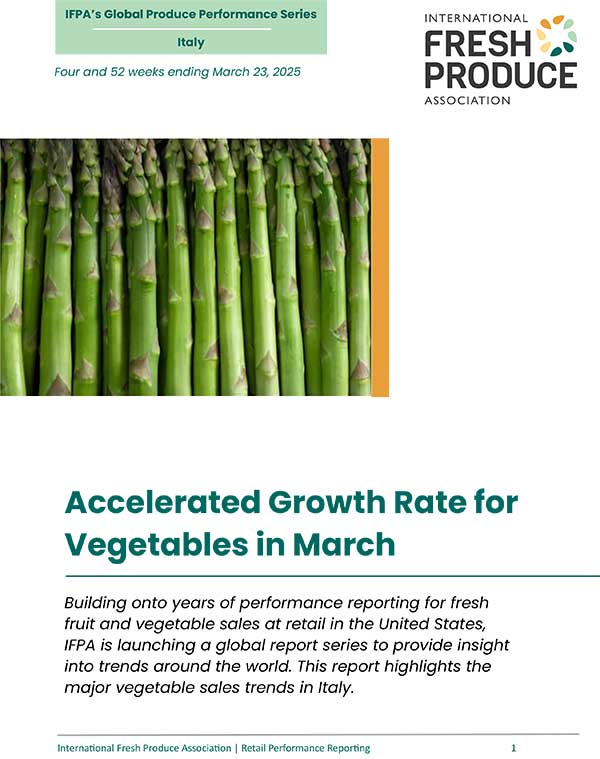 Cover page of a report showing fresh asparagus and text regarding vegetable sales trends by the International Fresh Produce Association.