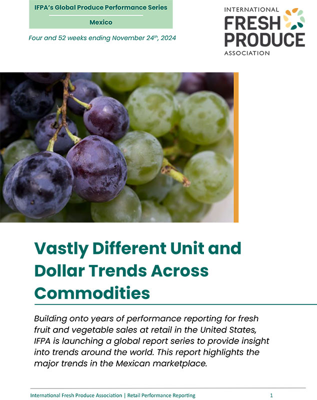 Cover of the International Fresh Produce Association report featuring grapes and details on global produce trends in Mexico.