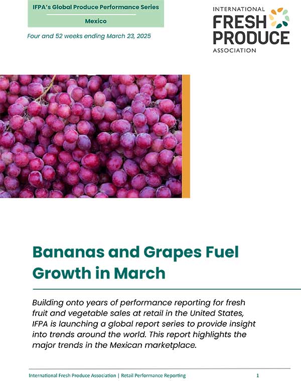 Page from the International Fresh Produce Association report featuring red grapes and trends on bananas and grapes in March.
