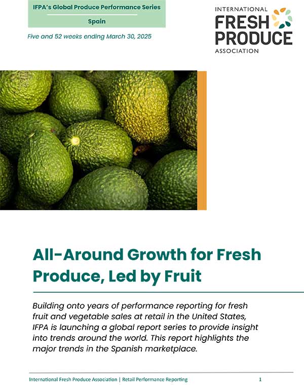Cover page of a report by the International Fresh Produce Association featuring avocados and titled "All-Around Growth for Fresh Produce, Led by Fruit."