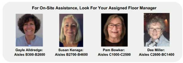 A banner with four portraits for on-site assistance, listing aisles for each person.  Transcribed Text:  For On-Site Assistance, Look For Your Assigned Floor Manager  Gayle Alldredge: Aisles B300-B2600  Susan Kenaga: Aisles B2700-B4600  Pam Bowker: Aisles C1000-C2500  Dee Miller: Aisles C2600-BC1400