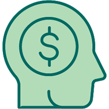 Icon of profile head with a dollar sign in the middle.