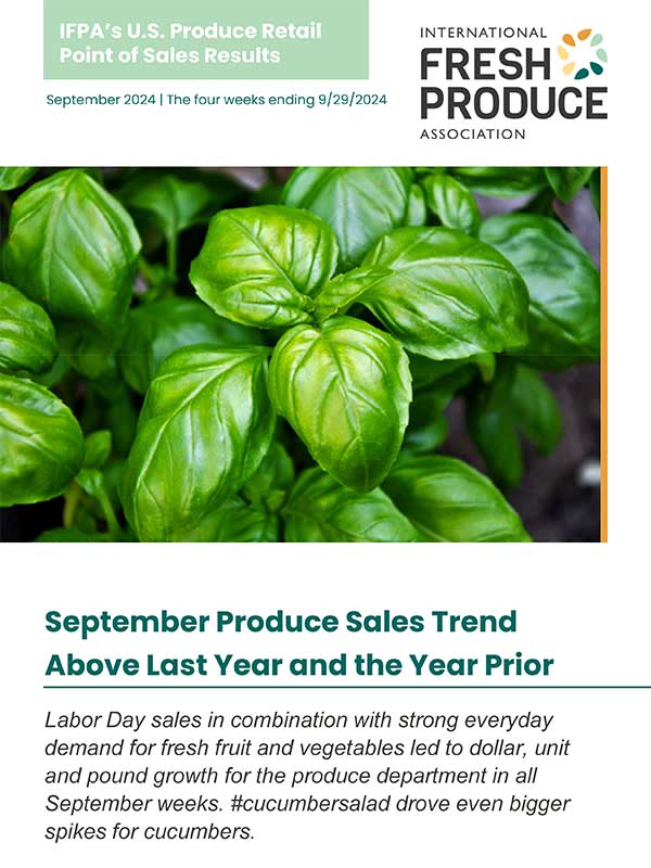 Close-up of fresh basil leaves with a flyer text overlay about U.S. produce retail sales by the International Fresh Produce Association.