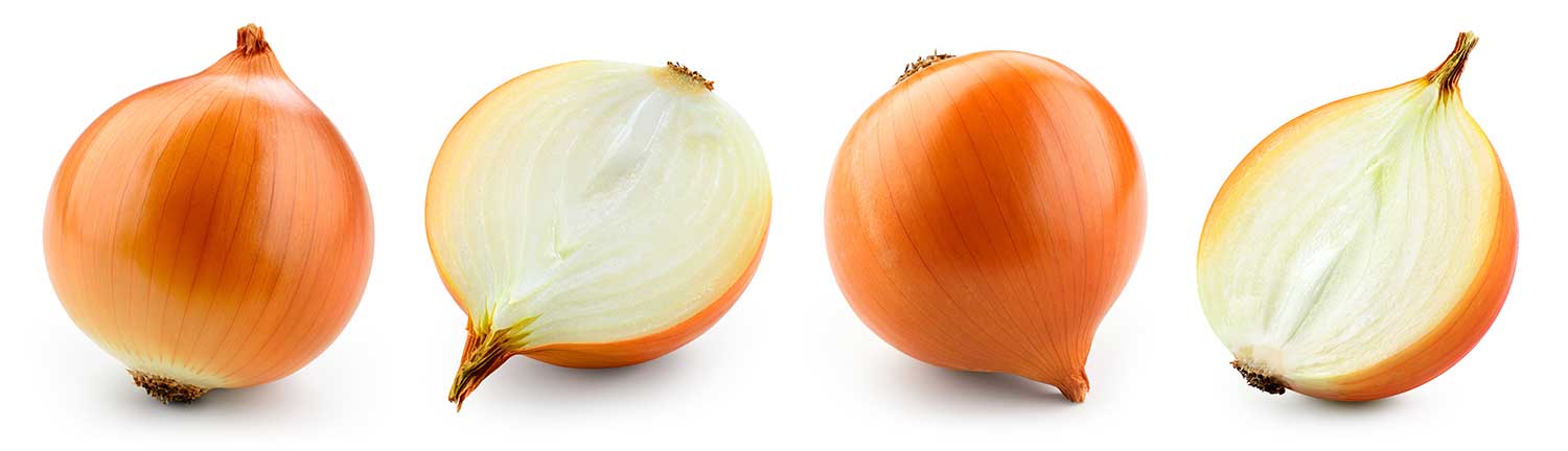 Whole golden onion bulb and a half on white background.