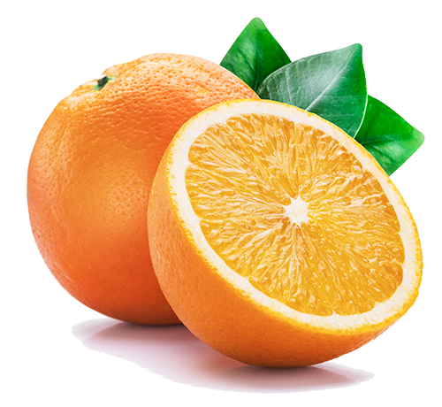 Orange fruit with orange slices and leaves isolated on white background.